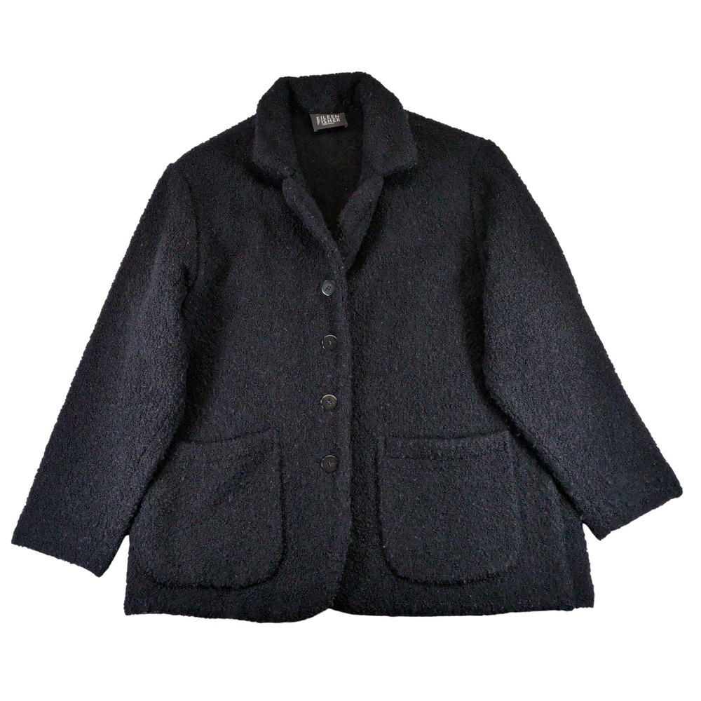 Eileen Fisher Black Wool Boucle Button Front Cardigan Coat Jacket Womens Medium